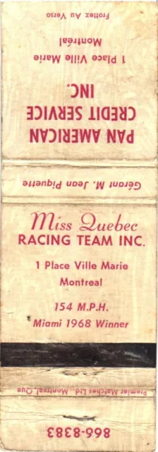 Montreal Canada Miss Quebec Racing Team Inc., Vintage Matchbook Cover