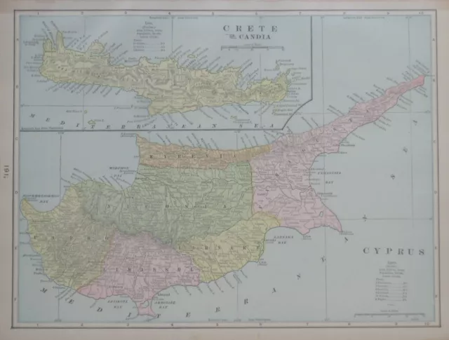 Original 1900 Map CYPRUS CRETE Famagusta Larnaka Nicosia Limassol Candia Canea