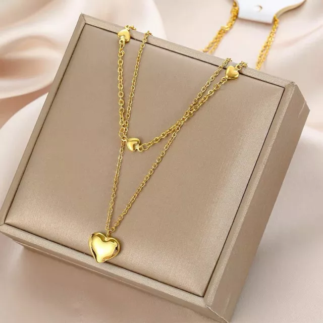 Woman 18K Gold Plated Stainless Steel Heart Charm 2 Layers Chain Necklace