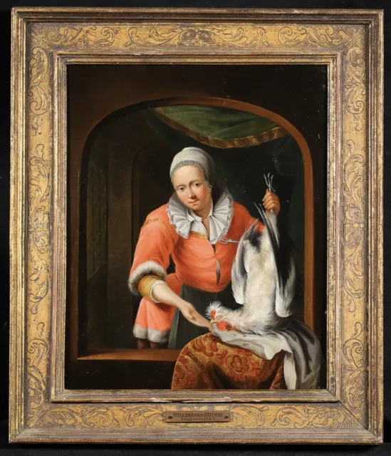 17th CENTURY DUTCH OLD MASTER OIL ON PANEL - GIRL PLUCKING A ROOSTER