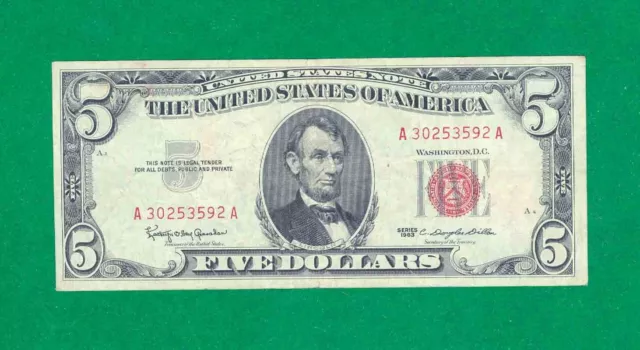 $5 1963 1 A/A BLOCK (w) RED SEAL UNITED STATES NOTE CIRC.