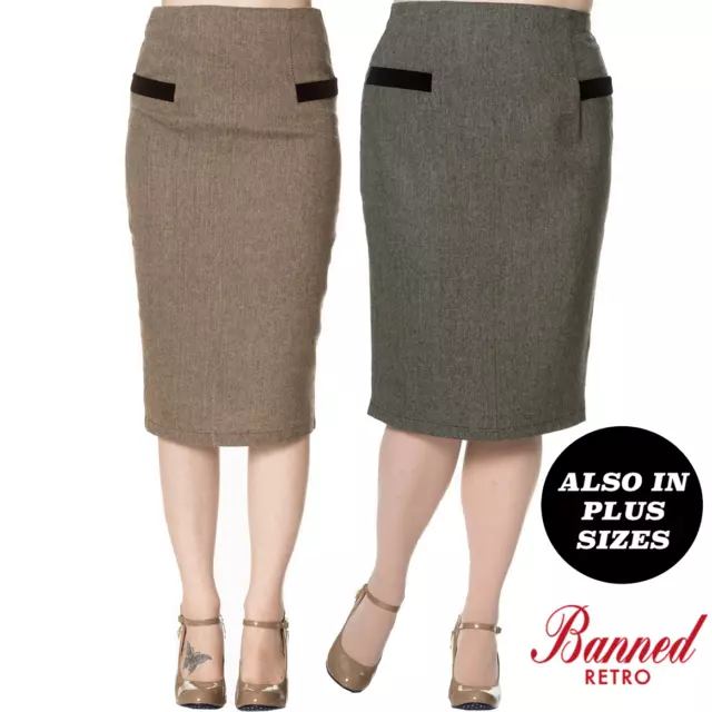 Banned Apparel Lady Luck Vintage Retro 40s Herringbone Tweed Pencil Skirt XS-4XL