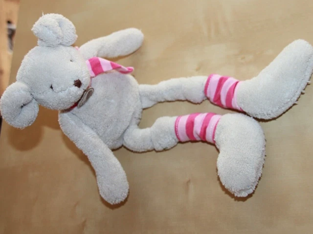 Doudou Babynat Souris Grise Longues Jambes Echarpe Rose Raye