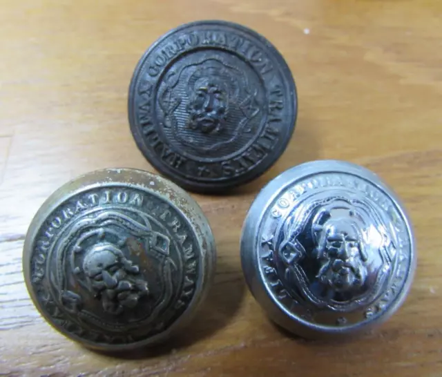 3 Halifax Corporation Tramways buttons. Black / Chrome. Tram uniform.