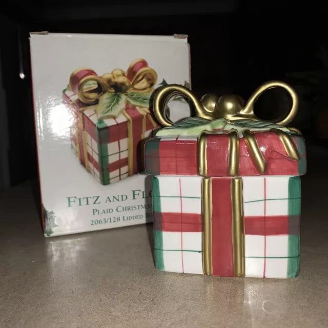 Fitz and Floyd Plaid Christmas Lidded Box Ceramic Red Gold Green In Box 2005