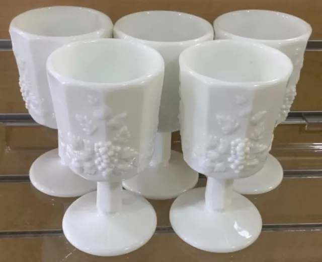 5 Vintage WESTMORELAND Milk Glass PANELED GRAPE Goblets 6"