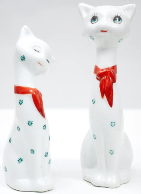 2 Vintage Kitsch Cat Ornaments White Long Neck Kitty Red Bow Figurines Set Pair