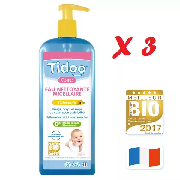 Lot de 3 Tidoo Bébé - Eau Nettoyante Micellaire - 3 x 500 ml - Neuf - BIO