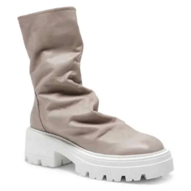FREE PEOPLE LEATHER Emma Ruched lug sole combat Boots in Phantom Grey ...