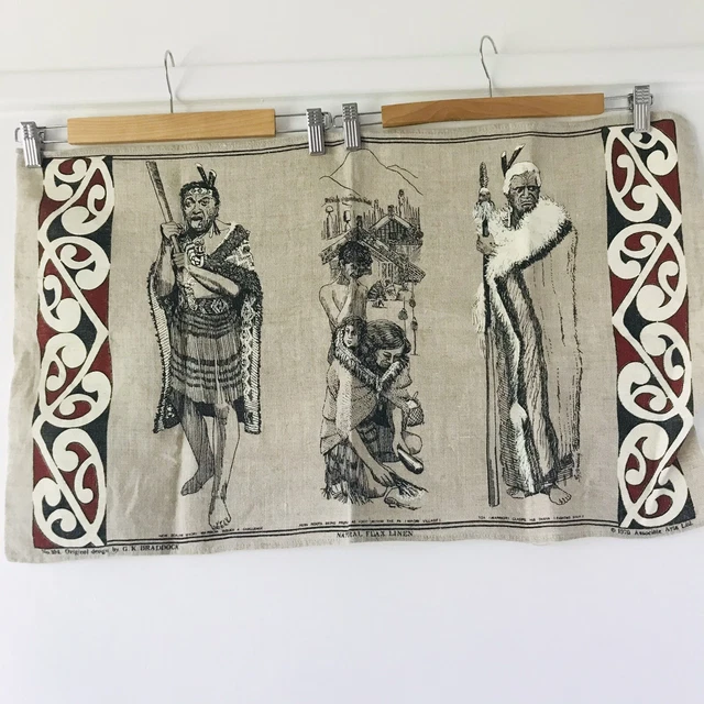 ORIGINAL 1970’S NEW Zealand Vintage Flax Linen Maori Print Teatowel GK