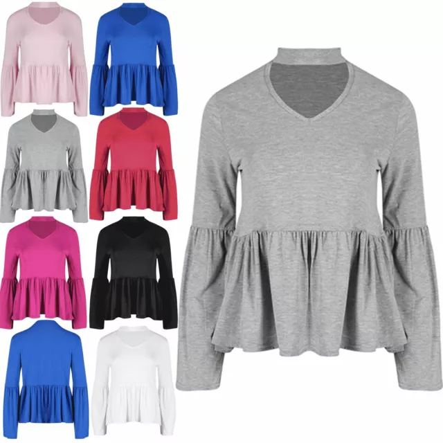 Ladies Choker V Plunge Peplum Ruffle Frill Bell Long Sleeve Womens T Shirt Top