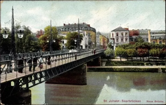 Ak St. Johann Saarbrücken im Saarland, Saarpartie mit neuer Brücke - 4153449