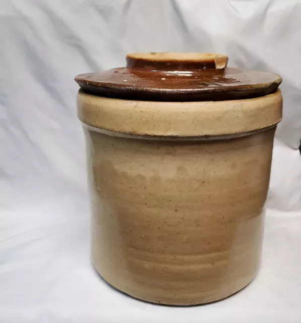 Antique 2 Gallon Crock Plain Stoneware Pottery Butter Churn Jar & Lid