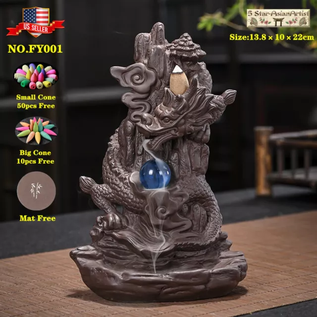 Ceramic Backflow Incense Burner Dragon Mountain Waterfall 001 & 60pcs Cones Gift