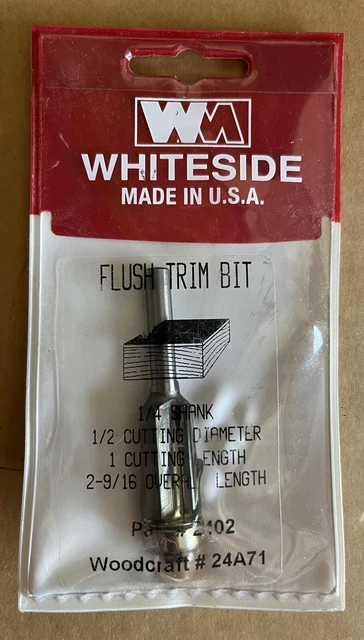 Broca de enrutador de rodamiento de 2 FLAUTA Whiteside #2402 con borde al ras - diapositiva de vástago de 1/4