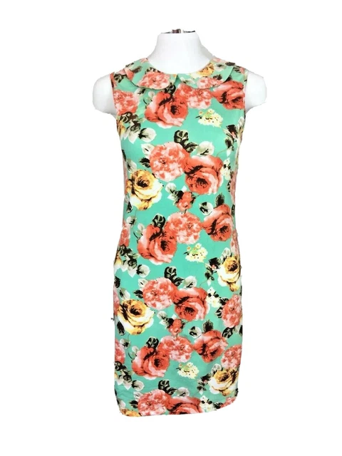 Sass Size 12 Floral Rose Print  T Shirt Shift Dress Cotton Elastane Green Coral