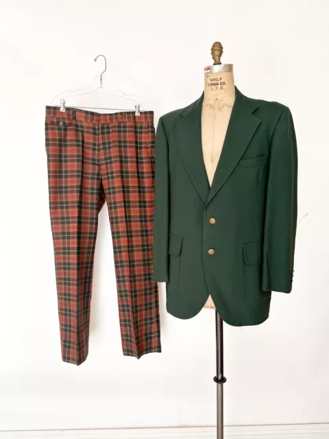 Vintage 1970s 70s Suit Blazer Sportcoat Plaid Slacks 44 46