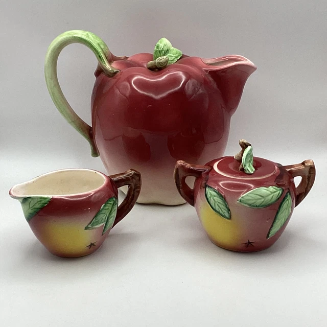 VINTAGE JAPANESE APPLE Tea Set Teapot/Pitcher, Sugar Pot & Milk Jug