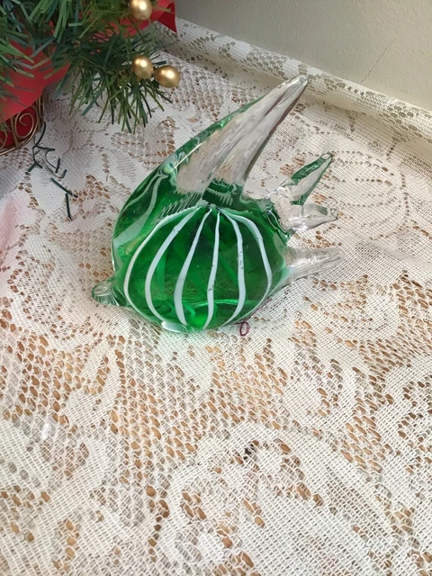 Murano Style-Tropical Green Fish W White Strips - Art Glass Paperweight Figurine