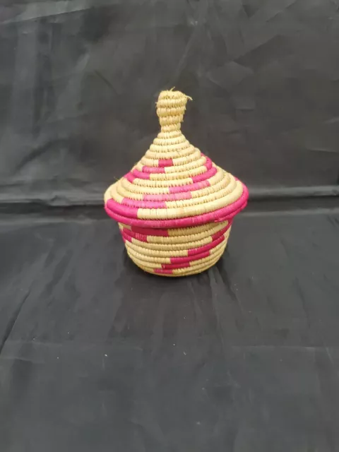 Tutsi Rwandan Mini Rare Fushia Traditional Hand-Woven Lidded Basket 4" x 3¼"