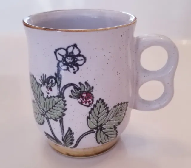 Vtg White Glazed Ceramic Cup Mug Retro Double Ring Trigger Handle Strawberry