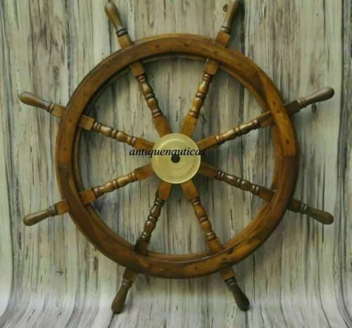 36 Inch Big Ship Steering Wheel Wooden Antique Teak Brass Nautical Pirate Ship's