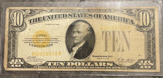 1928 $10 Ten Dollar GOLD CERTIFICATE Small Size Circulated Nice VF