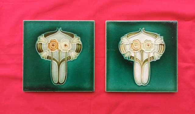 2 Piece Old Art Floral Design Embossed Majolica ceramic Tiles England 0188 3