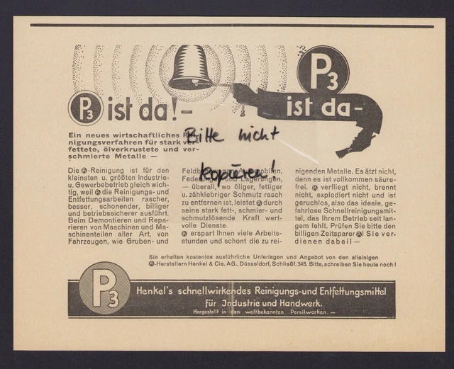 DÜSSELDORF, Werbung 1929, Henkel & Cie. AG P3 Reinigungs-Entfettungs-Mittel