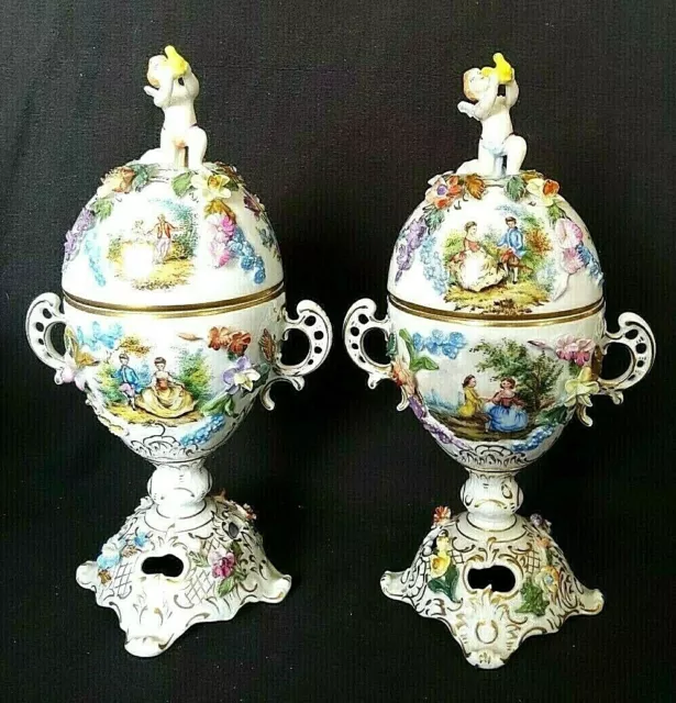 Dresden Carl Thieme Pair Antique Lidded Urns Cherubs Dimensional Applied Flowers
