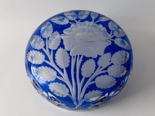 Vintage Cobalt Cut to Clear Crystal Glass Bowl Large