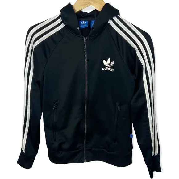 Adidas Black Full Zip Track Jacket Size S White Trefoil Stripes Zipper Cotton