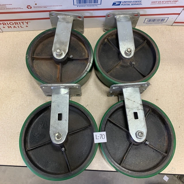 4 Heavy Duty Caster 8" Polyurethane Cast Iron Wheels Rigid Green ￼ Grease able