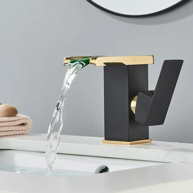 LED Light Bathroom Faucet Waterfall Single Handle Vanity Mixer Tap Black&Gold