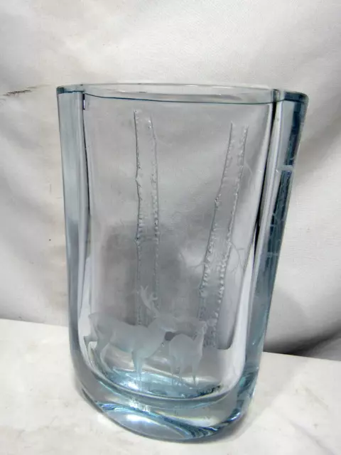 Vintage Strombergshyttan Swedish Etched Glass Signed Vase Gazelle Gorgeous/Mint