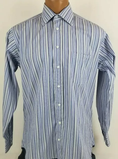 Men's Burberry London Blue Striped Long Sleeve Button Down Dress Shirt 15 1/2 34