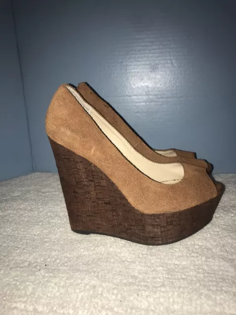 SHOEMINT Courtney Brn Leather Suede Platform OpenToe Shoe 5.5” Cork Heel US 6.5