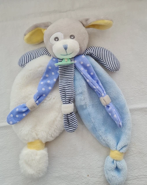 Doudou plat chien bleu , blanc et gris - Poupi - Baby Nat