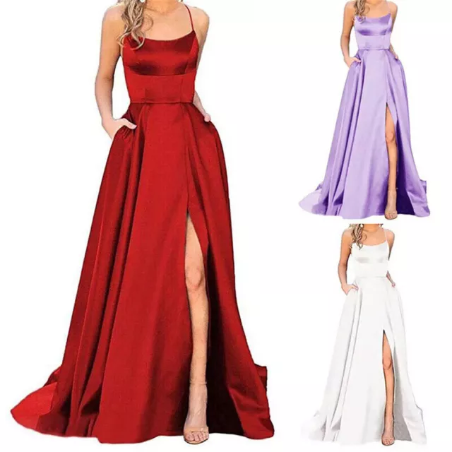 Women Formal Long Evening Ball Gown Party Prom Wedding Bridesmaid Dress Satin