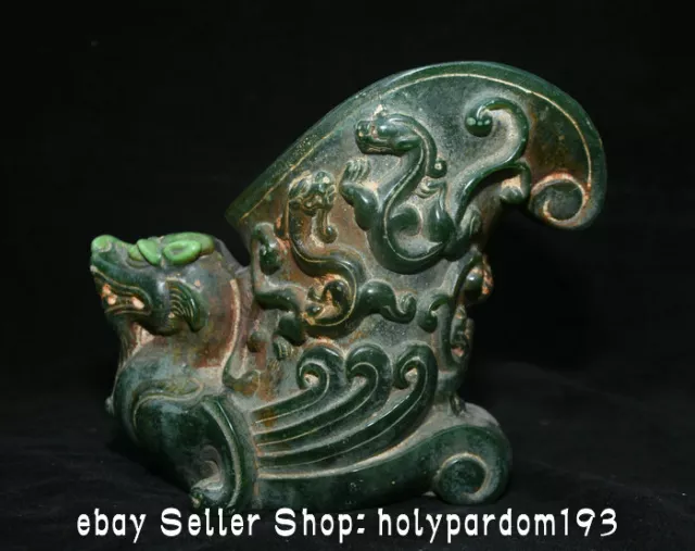 8" Old Chinese Green Jade Carving Dynasty Dragon Beast Drinking vessel Wine Cup