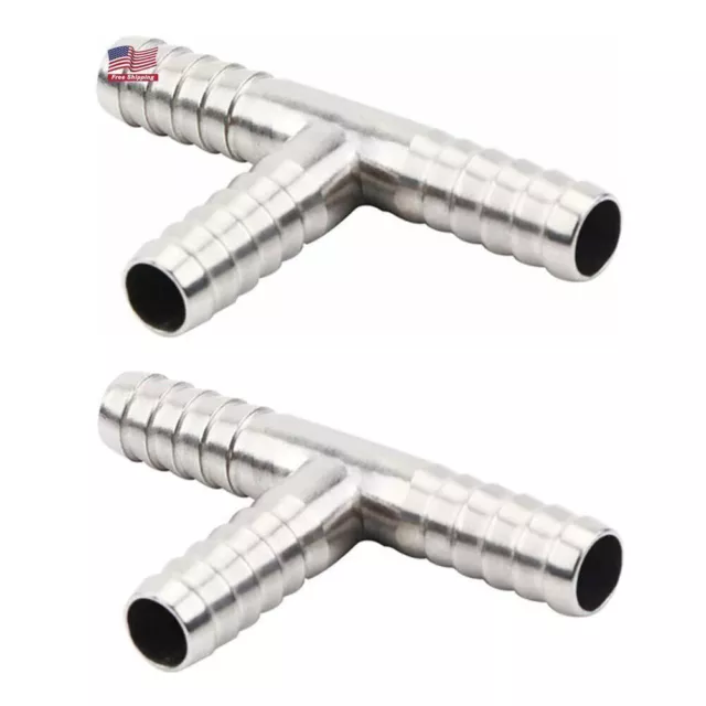 1/4"Hose Barb 3 Way Tee T Shape Barbed Co2 Splitter Fitting Stainless Steel 2pcs