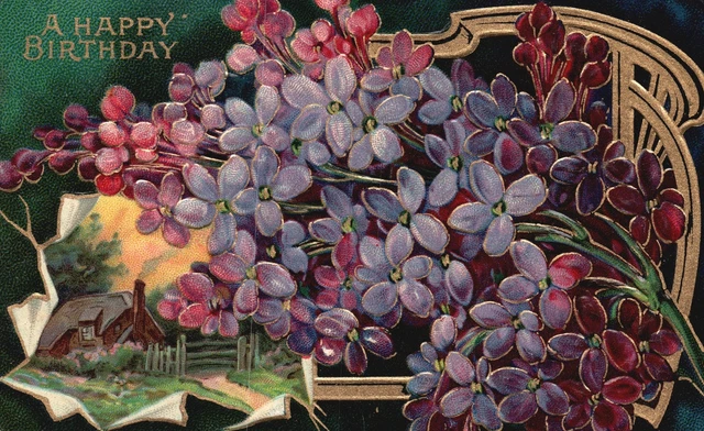 Vintage Postcard 1909 A Happy Birthday Violet Bunch of Flowers Landscape
