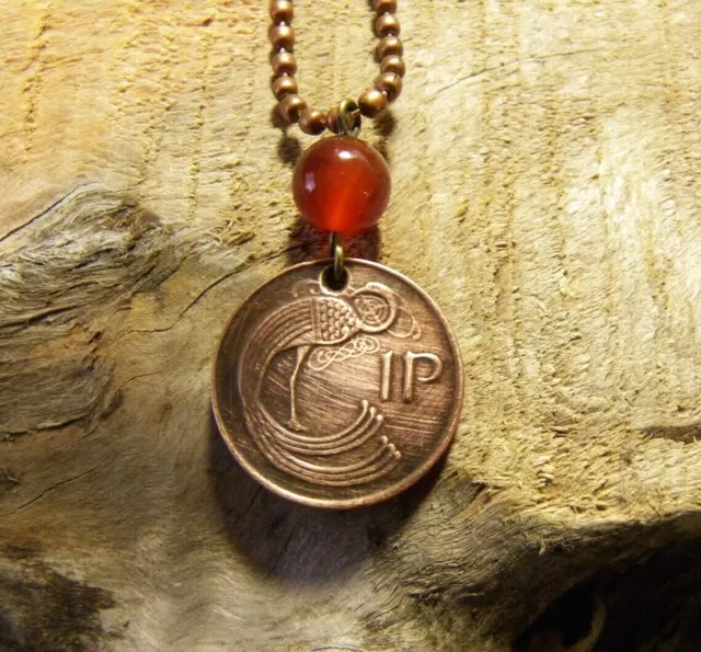 Bird Coin Necklace + Red Carnelian Gemstone Bead - Ireland - 1990 N5