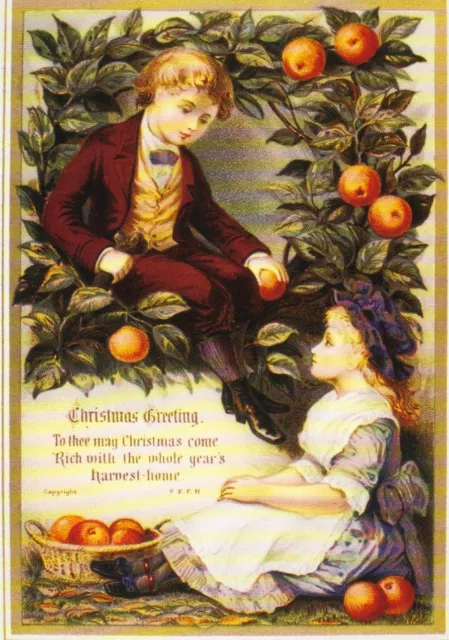 Grußkarte Reprint: Kinder und Äpfel,alte viktorianische Weihnachtskarte, England