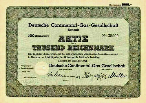 Lot 10 x Deutsche Continental-Gas Gesellschaft Aktie 1942 Dessau Sachsen-Anhalt