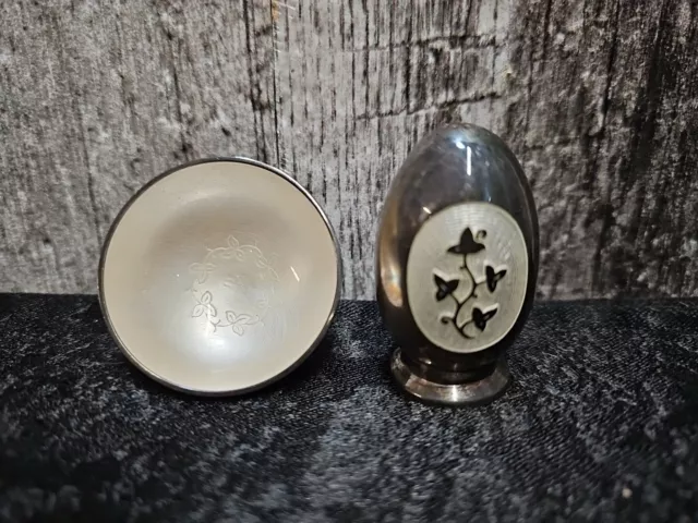 Vintage MEKA Denmark Sterling Silver White Guilloche Enamel Salt & Pepper Set