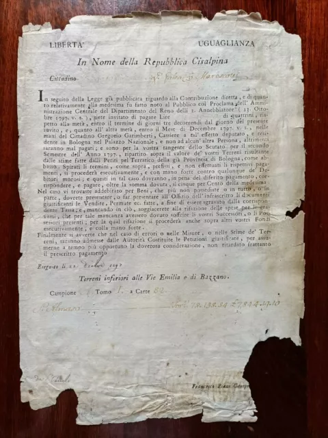 S6305-(Ex Archivio Gallenga) REPUB. CISALPINA ,CIRCOLARE,CONTRIBUZ. DIRETTA,1797