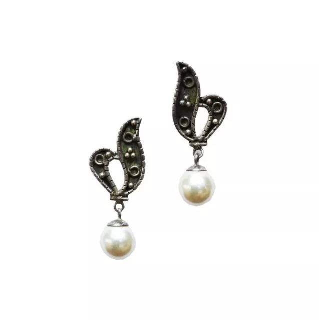 Antike Ohrringe aus 925er Silber, schwarz oxidiert, mit weißem Perlendraht,...