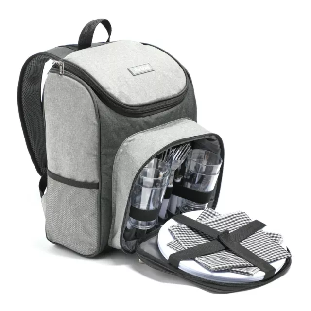 4 Person Picnic Backpack – Grey Picnic Rucksack - Weatherproof Bag - VonShef