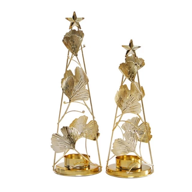 Gold Christmas-Tea Light Holder Tree Candlestick with Apricot Leaves